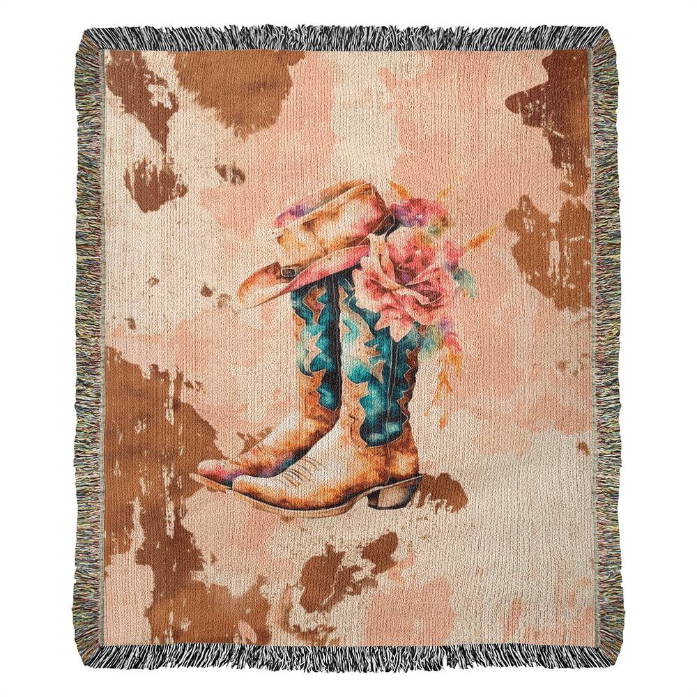 BOHO Cowgirl Boots and Hat Cowhide Heirloom Woven Blanket