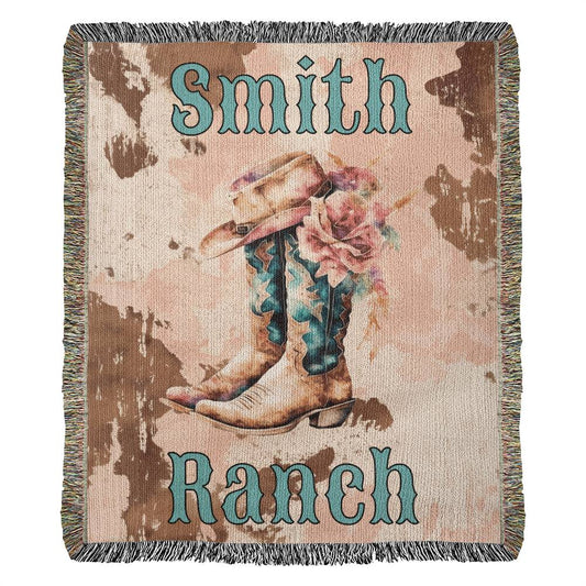 Personalized BOHO Cowgirl/Cowboy Boots and Hat Fringy Tasseled Heirloom Woven Blanket