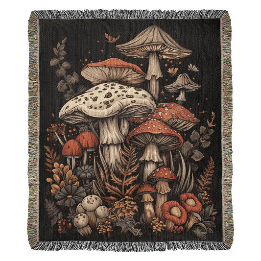 Vintage Mushroom Cottagecore Fringy Tasseled Heirloom Woven Blanket on Black