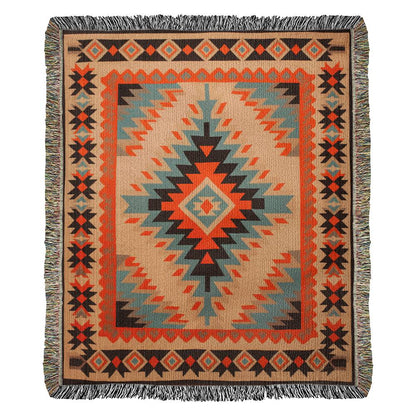 Southwest Turquoise and Orange Heirloom Woven Blanket