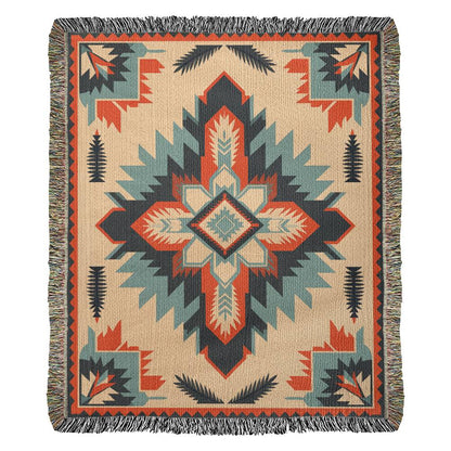 Burnt Orange and Turquoise Southwest Heirloom Woven Cotton Blanket