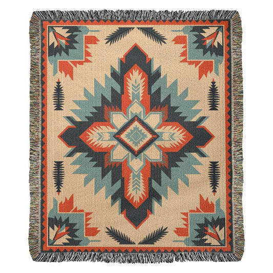 Burnt Orange and Turquoise Southwest Heirloom Woven Cotton Blanket