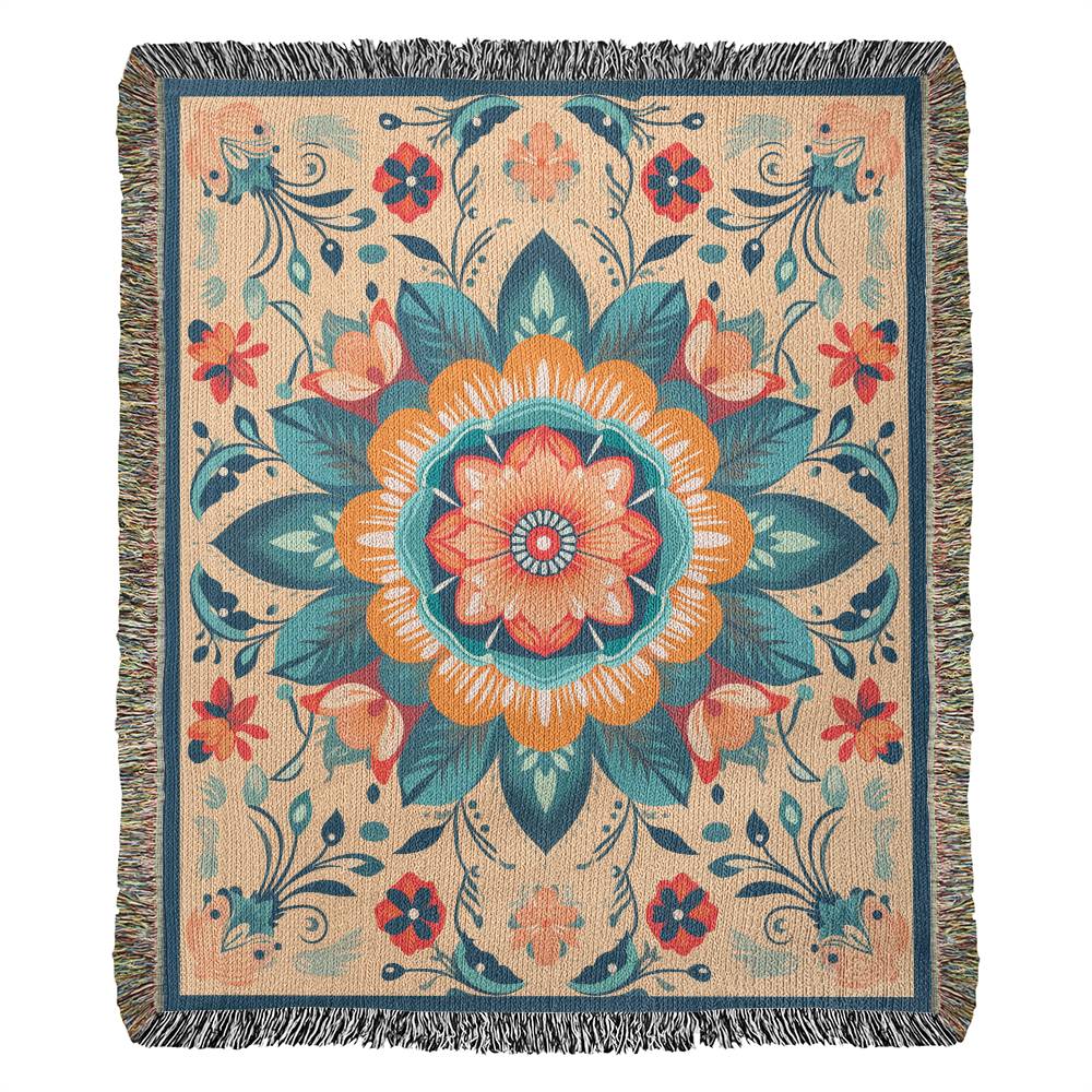 Teal and Orange Cream Mandala Heirloom Woven Blanket