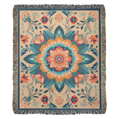 Teal and Orange Cream Mandala Heirloom Woven Blanket