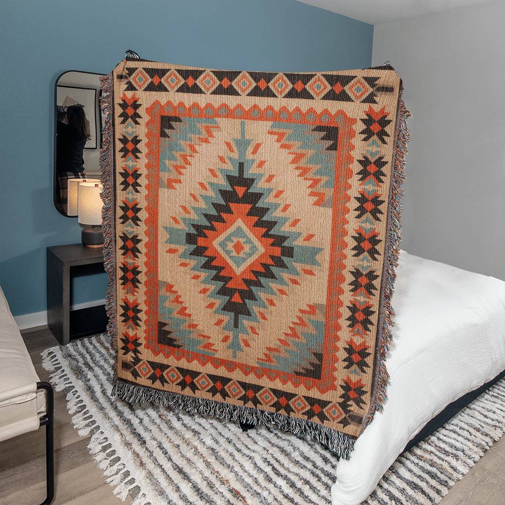 Southwest Turquoise and Orange Heirloom Woven Blanket