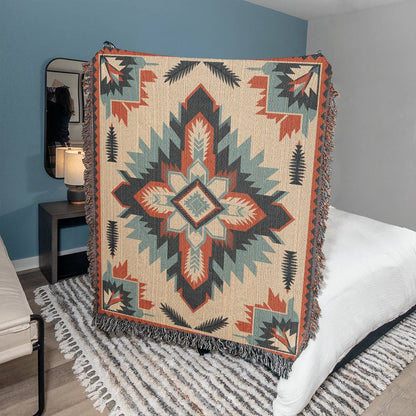 Burnt Orange and Turquoise Southwest Heirloom Woven Cotton Blanket