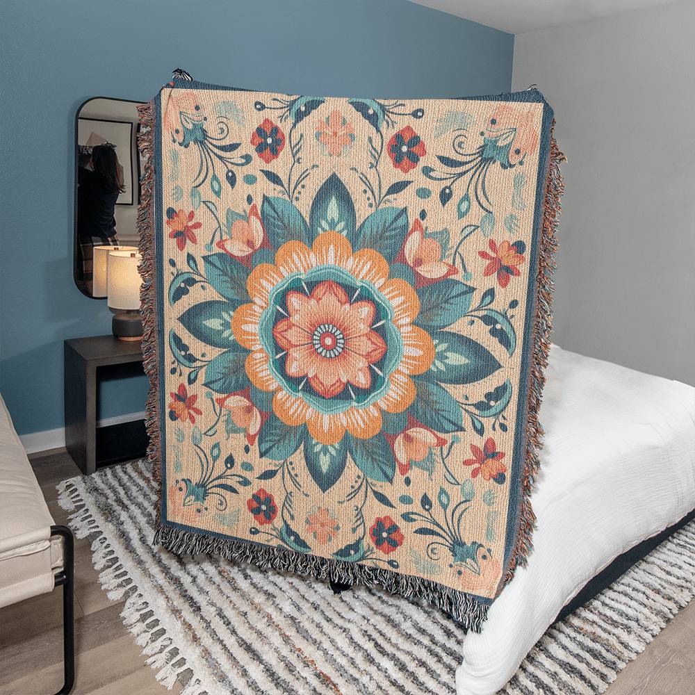 Teal and Orange Cream Mandala Heirloom Woven Blanket