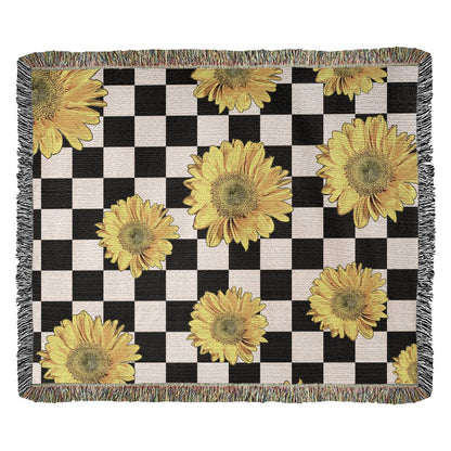 Checkered Sunflower Fringy Heirloom Woven Blanket