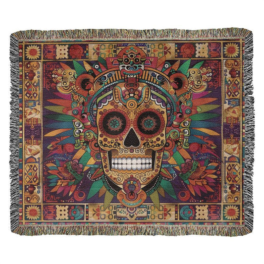 Mayan Inspired Sugar Skull Fringy Tasseled Heirloom Woven Throw Blanket