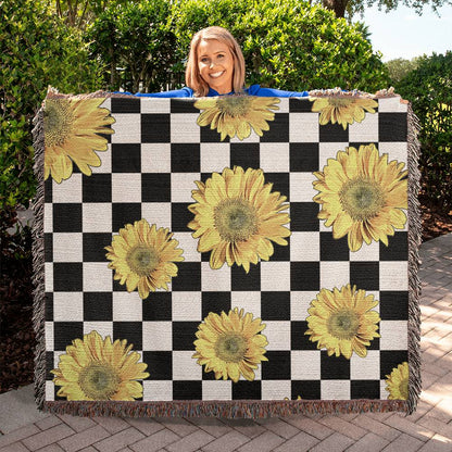 Checkered Sunflower Fringy Heirloom Woven Blanket