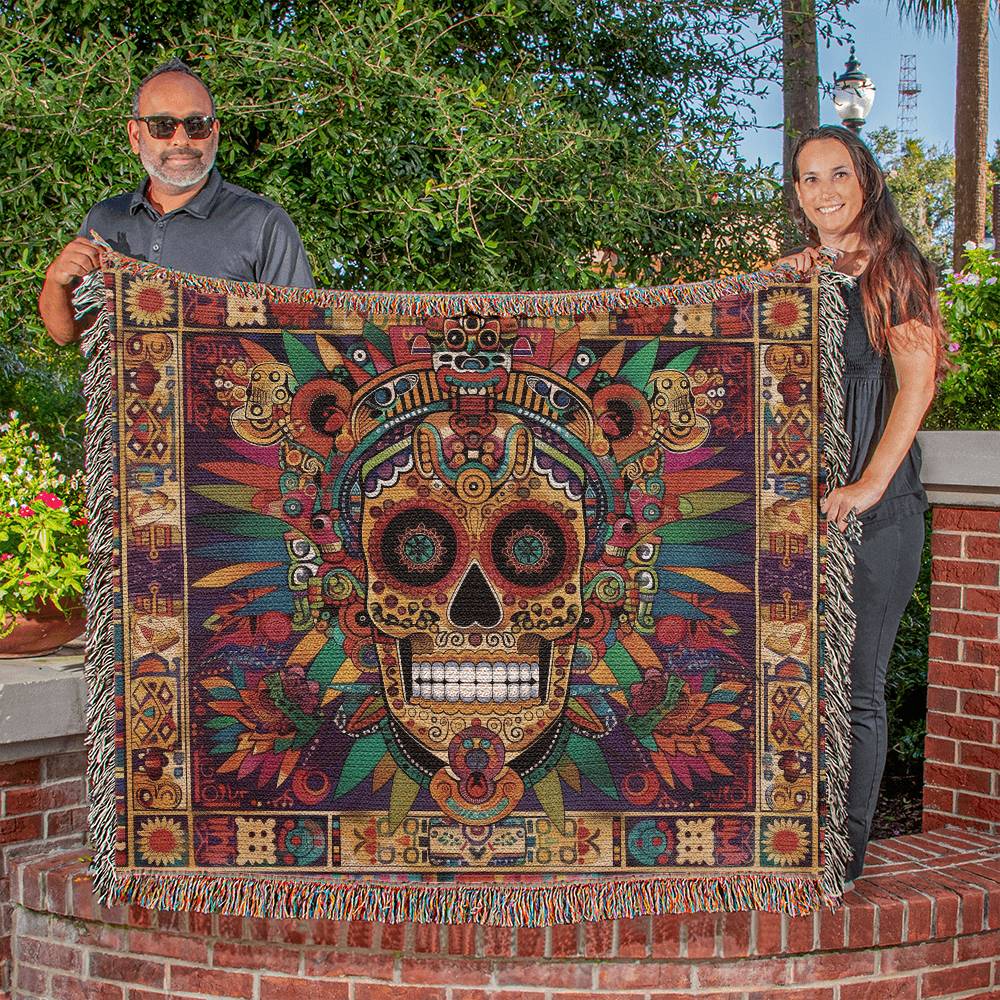 Mayan Inspired Sugar Skull Fringy Tasseled Heirloom Woven Throw Blanket